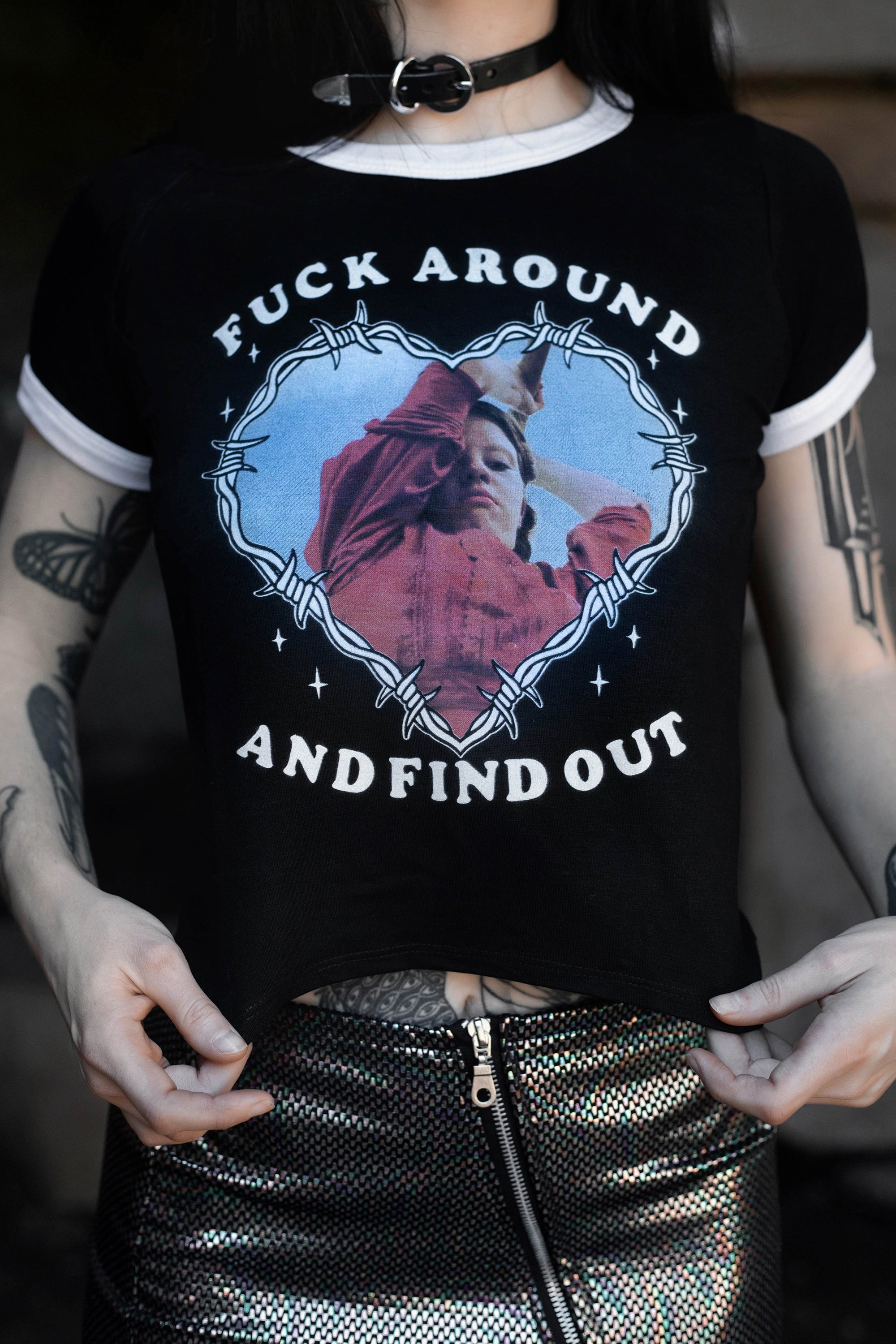 Pearl (F around) Ringer Tee (SHIPS FROM VERA'S EYECANDY, NOT AVAILABLE FOR PICKUP IN STORE) - Die With Your Boots On