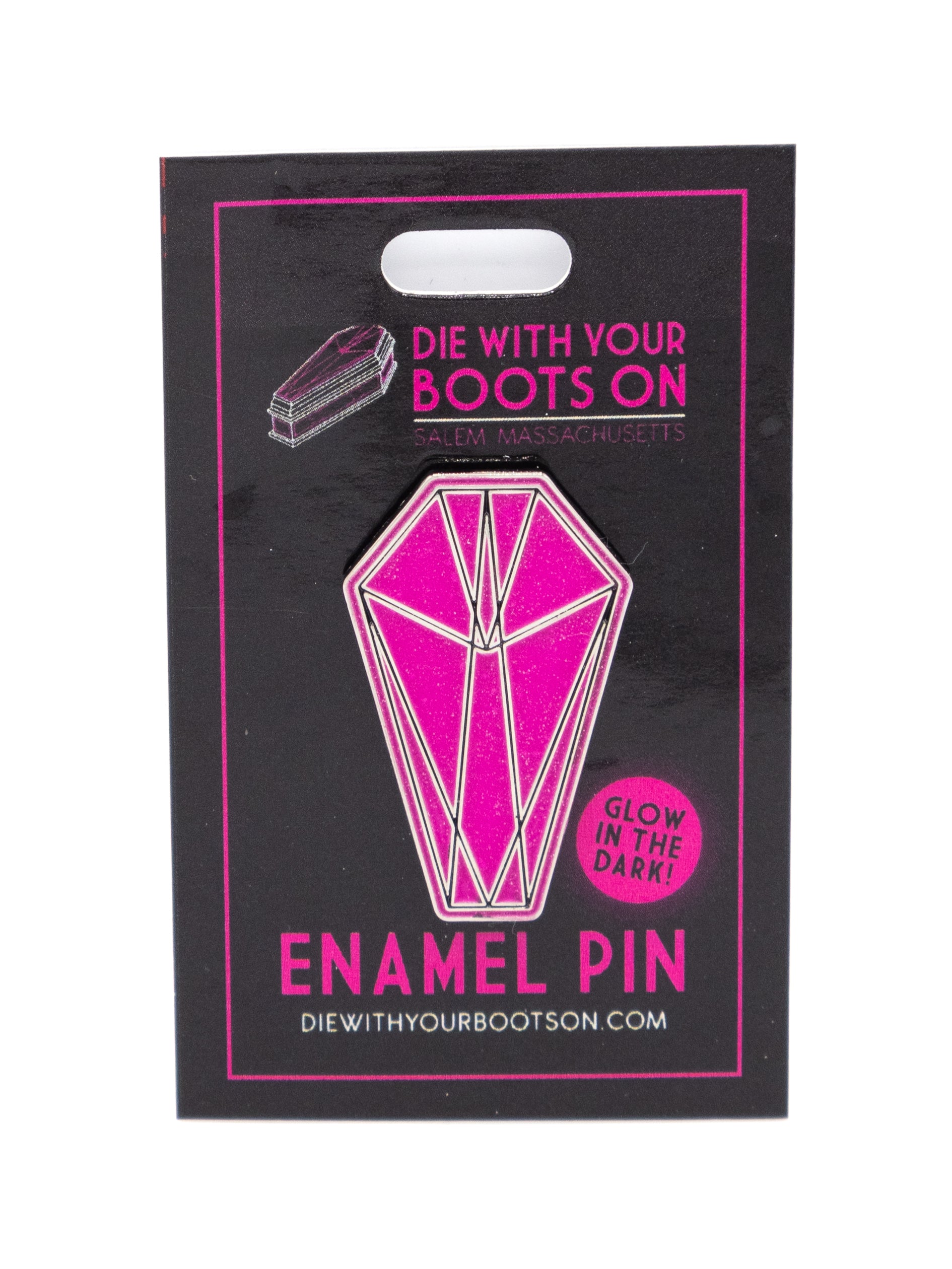 Glow-in-the-Dark DWYBO Coffin Pin - Die With Your Boots On