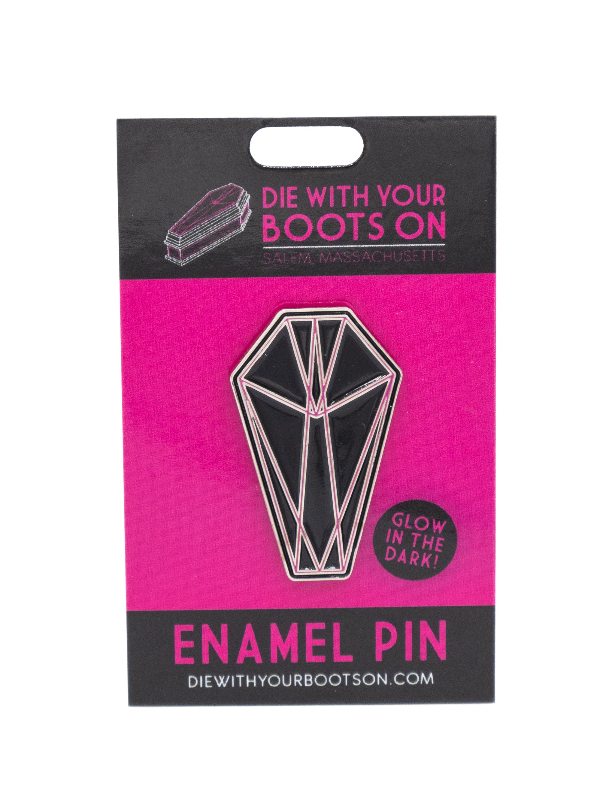 Glow-in-the-Dark DWYBO Coffin Pin - Die With Your Boots On